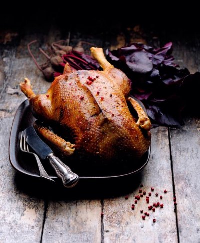 Roast goose with apple stuffing.